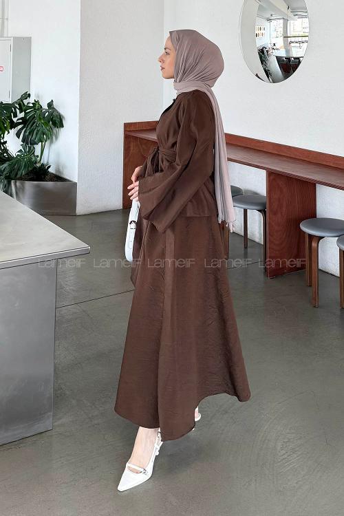 Lamelif Bağcıklı Etek-Bluz İkili Takım Acı Kahve