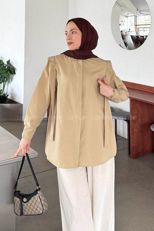 Beige Shirt Collar Long Arm Cotton Shirt
