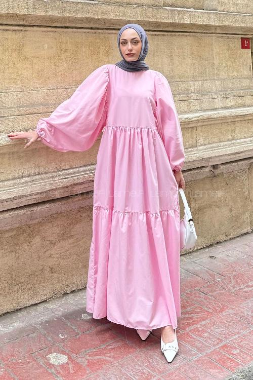 Candy Pink Crew Neck Cotton Printed Dresess