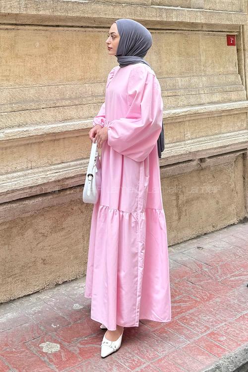 Candy Pink Crew Neck Cotton Printed Dresess