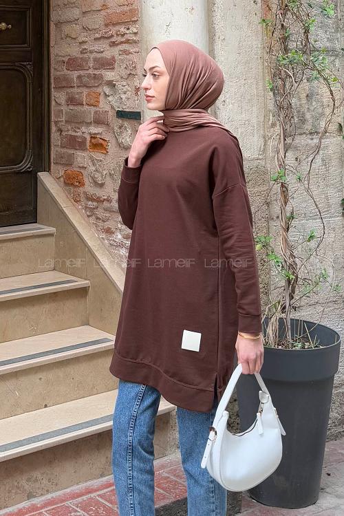 Lamelif İki iplikli Arma Detaylı Sweat Tunik Acı Kahve