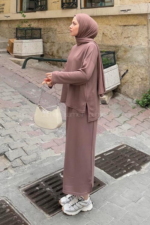 Lamelif Kristal Etekli Tesettür Takım Soft Kahve