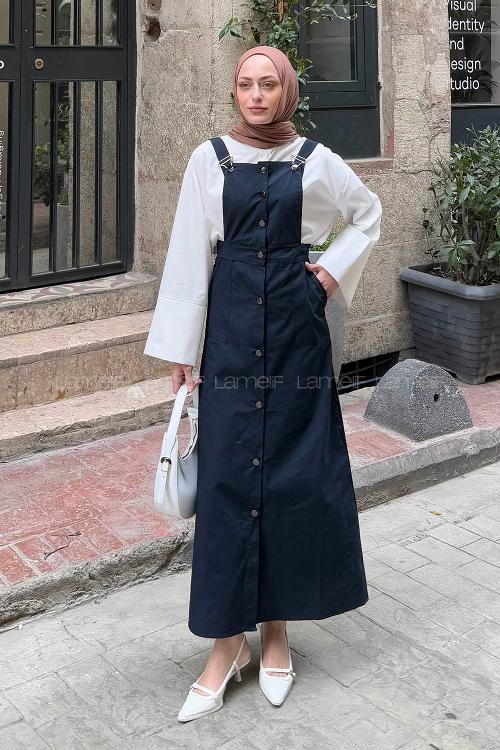 Lamelif Önü Boydan Düğmeli Salopet Lacivert