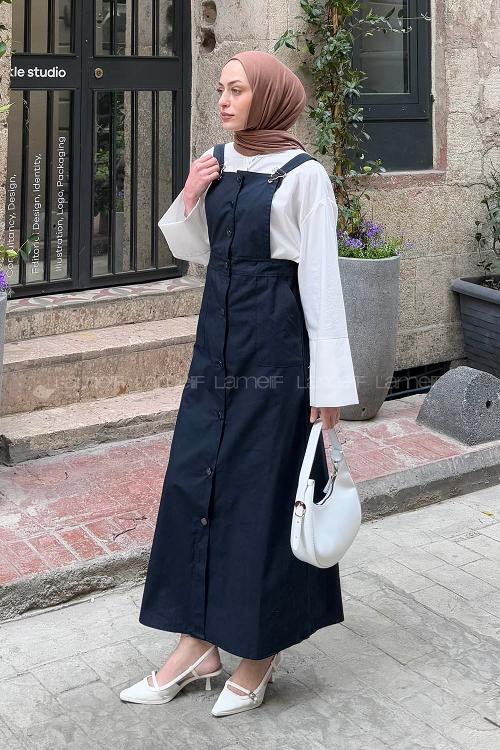 Lamelif Önü Boydan Düğmeli Salopet Lacivert