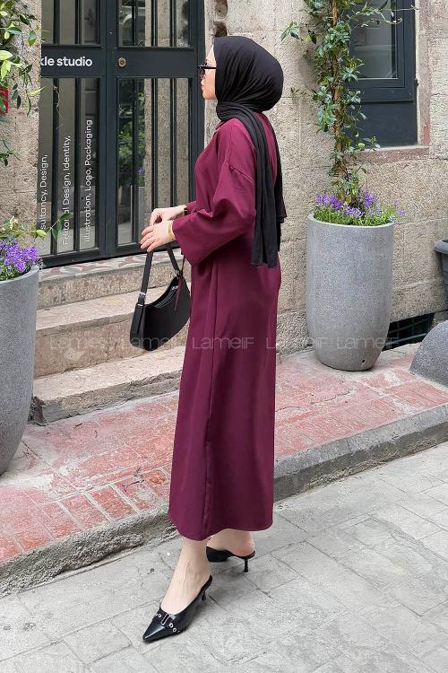 Lamelif Takma Manşet Detaylı Dabıl Tesettür Elbise Mürdüm