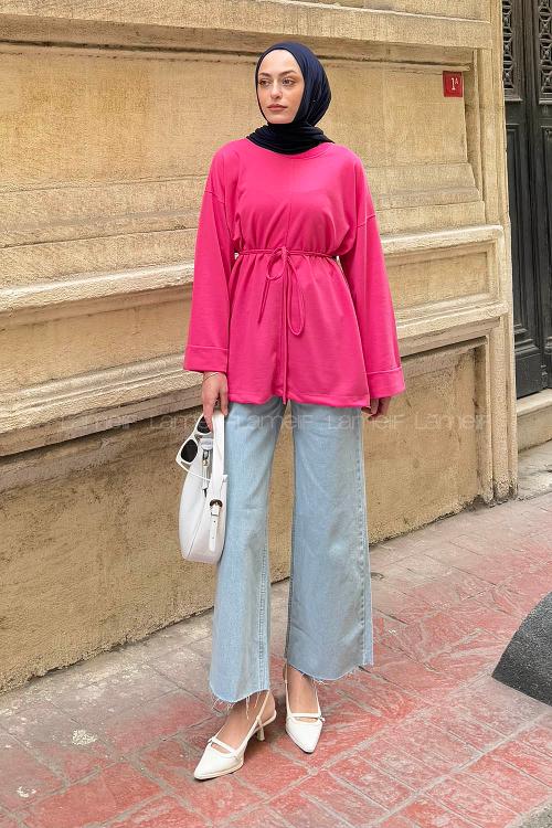 Lamelif Yırtmaç Detaylı Sweat Şeker Pembe