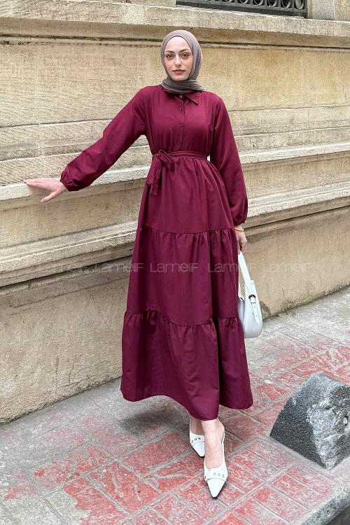 Modalamelif Yarım Düğme Detaylı Terikoton Elbise Bordo