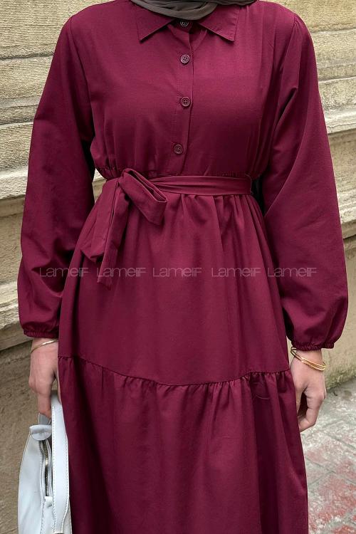 Modalamelif Yarım Düğme Detaylı Terikoton Elbise Bordo