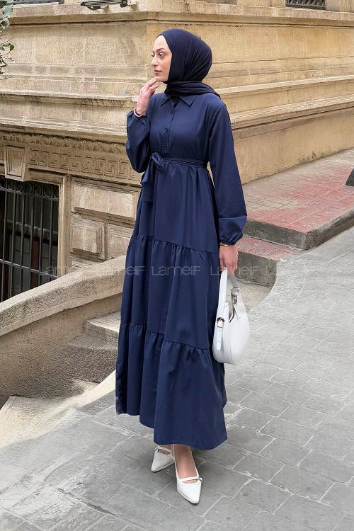 Modalamelif Yarım Düğme Detaylı Terikoton Elbise Lacivert