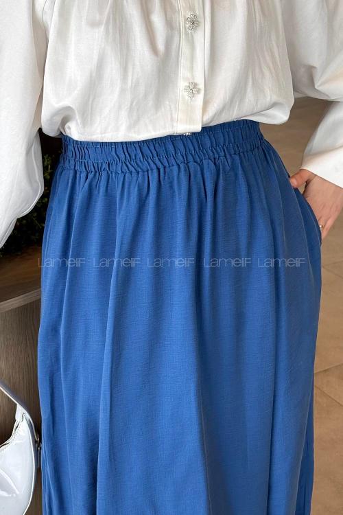 Lamelif Cep Detaylı Keten İndigo