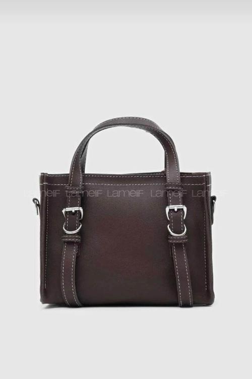 Lamelif Deri Görünümlü Kadın Omuz Çantası Acı Kahve