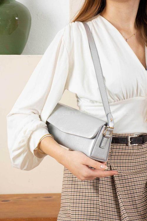 Lamelif Gloria Model Deri Kadın El Ve Omuz Çantası Gümüş