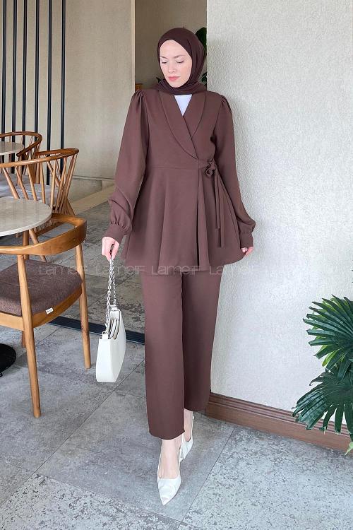 Lamelif Bağlamalı Ceketli Takım Acı Kahve