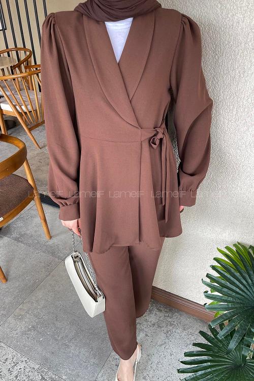 Lamelif Bağlamalı Ceketli Takım Acı Kahve