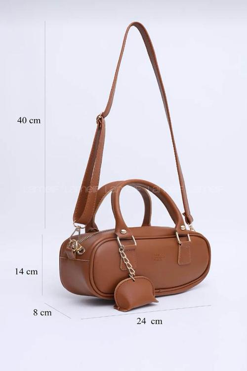 Lamelif Charm Detaylı Fermuarlı Ayarlanabilir Askılı El, Kol ve Omuz Çantası Taba