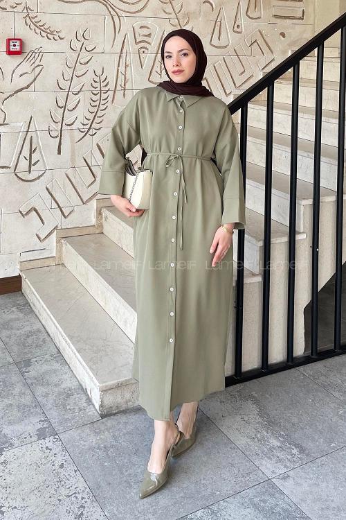 Lamelif Takma Manşet Detaylı Dabıl Tesettür Elbise Asker Yeşili