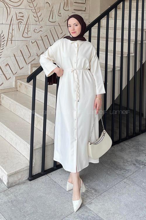 Lamelif Takma Manşet Detaylı Dabıl Tesettür Elbise Krem