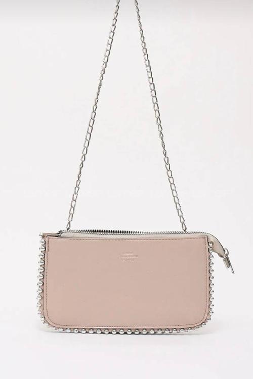 Lamelif Zımbalı Çapraz Askılı Zincirli Model Yumuşak Deri Fermuarlı Kadın Omuz Çantası Vizonrengi