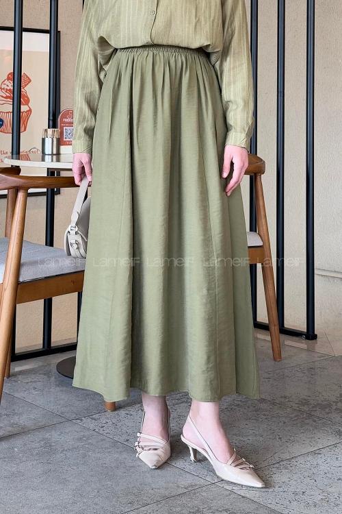 Lamelif Cep Detaylı Keten Etek Haki