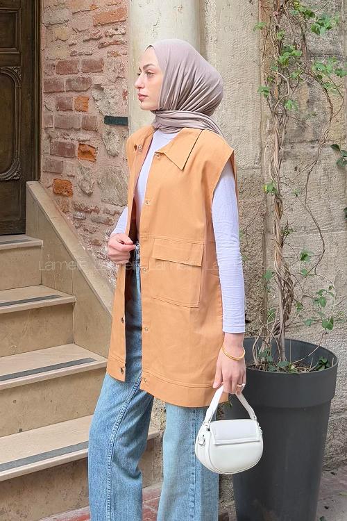 Lamelif Önü Çıtçıt Düğmeli Yelek Camel