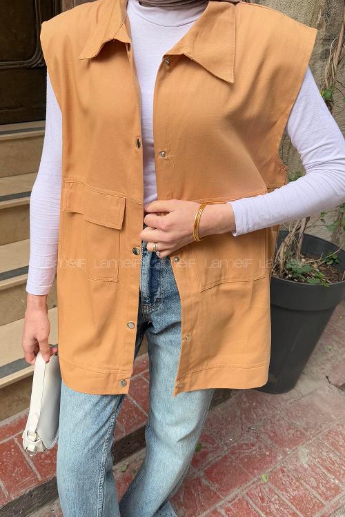 Lamelif Önü Çıtçıt Düğmeli Yelek Camel