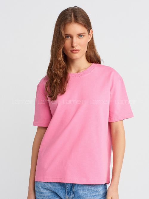 Lamelif Dilvin 30312 Dekoratif Dikişli Bisiklet Yaka Tshirt-Pembe