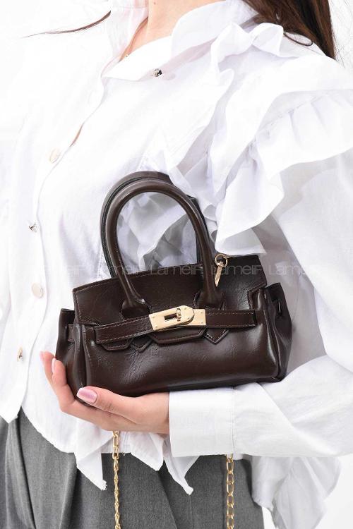 Lamelif Elly Tokalı Gold Askılı Çapraz Çanta Acı Kahve