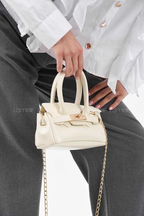 Lamelif Elly Tokalı Gold Askılı Çapraz Çanta Krem