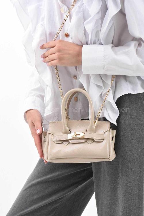 Lamelif Elly Tokalı Gold Askılı Çapraz Çanta Vizonrengi