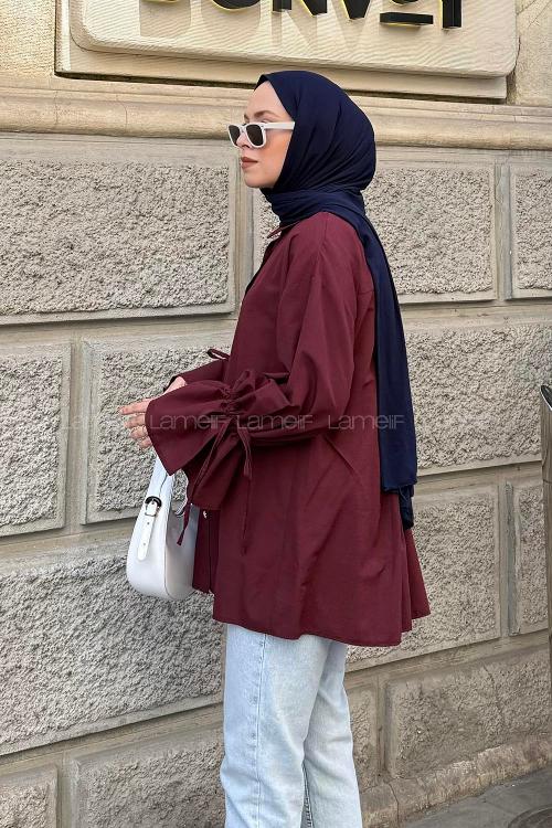 Lamelif Kol Tünel İp Detaylı Gömlek Bordo