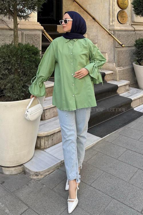 Green Shirt Collar Long Arm Poplin Fabric Shirt