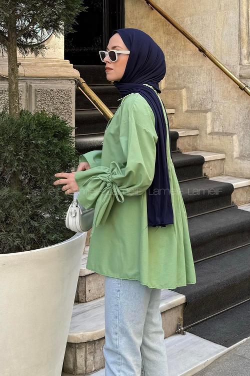 Green Shirt Collar Long Arm Poplin Fabric Shirt