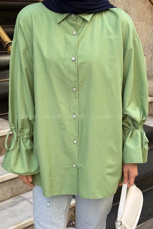 Green Shirt Collar Long Arm Poplin Fabric Shirt