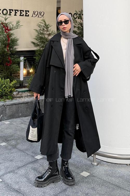Lamelif Uzun Apoletli Oversize Trenç Siyah