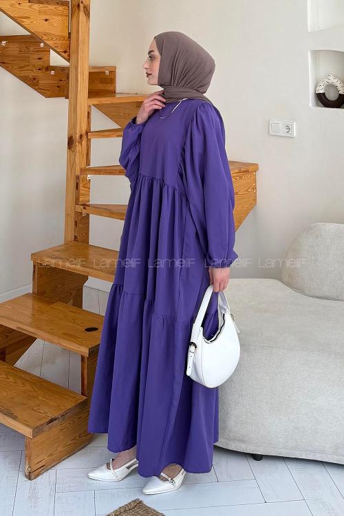 Lamelif Balon Kol Katlı Elbise Mor
