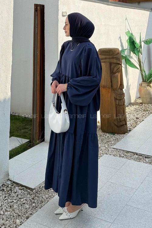 Lamelif Balon Kol Katlı Tesettür Elbise Lacivert