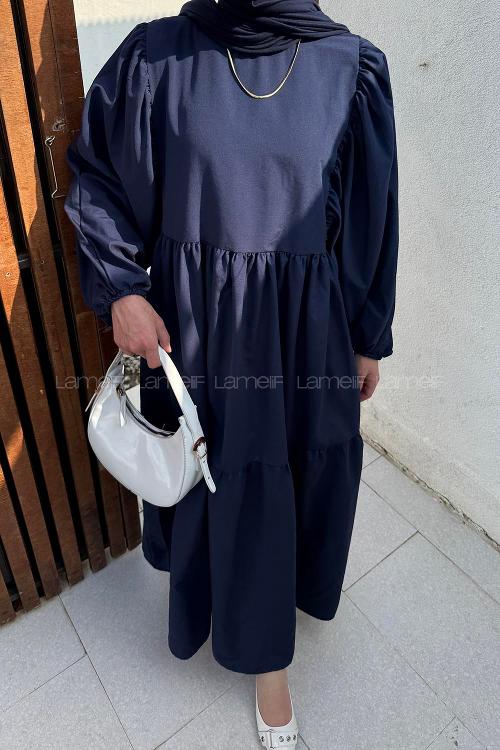 Lamelif Balon Kol Katlı Tesettür Elbise Lacivert