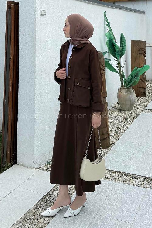 Lamelif Cep Detaylı İkili Etek  Tesettür Takım Acı Kahve