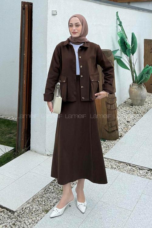 Lamelif Cep Detaylı İkili Etek  Tesettür Takım Acı Kahve