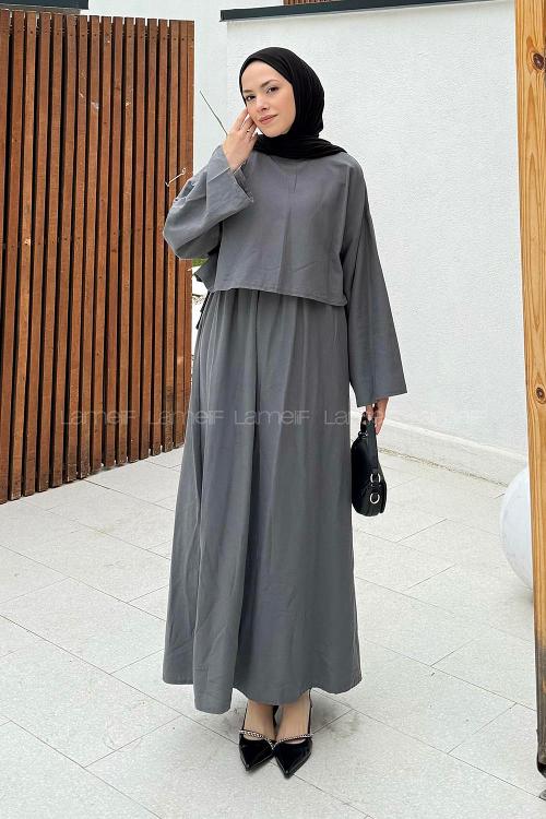 Lamelif Etekli Tesettür Takım Gri