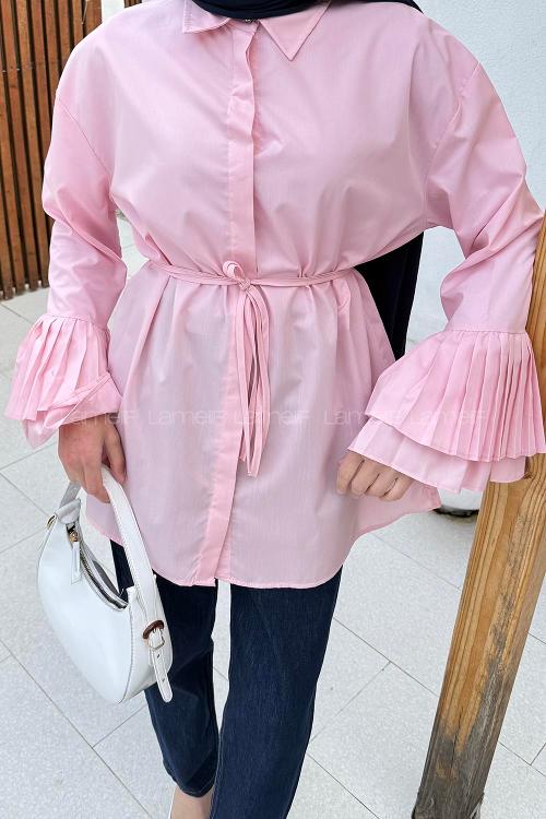 lamelif Piliseli Uzun Gömlek Şeker Pembesi