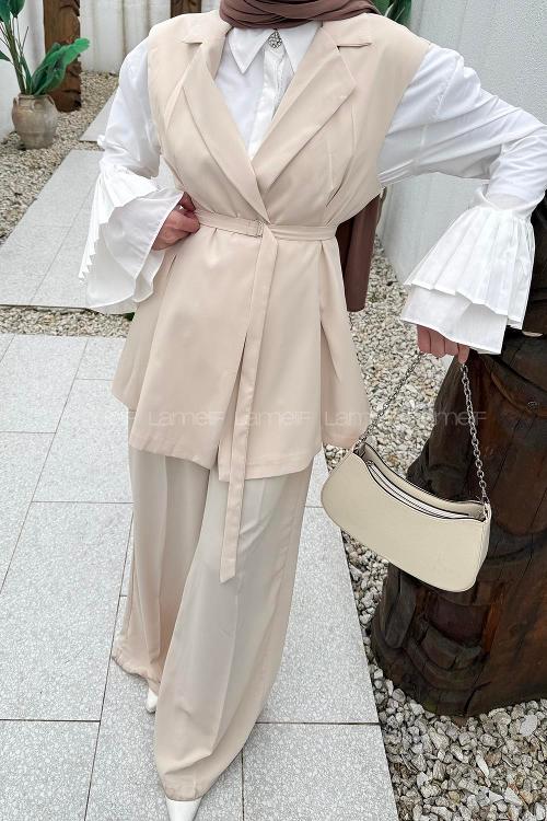 Lamelif İnce Kuşaklı Yelekli Takım Bej