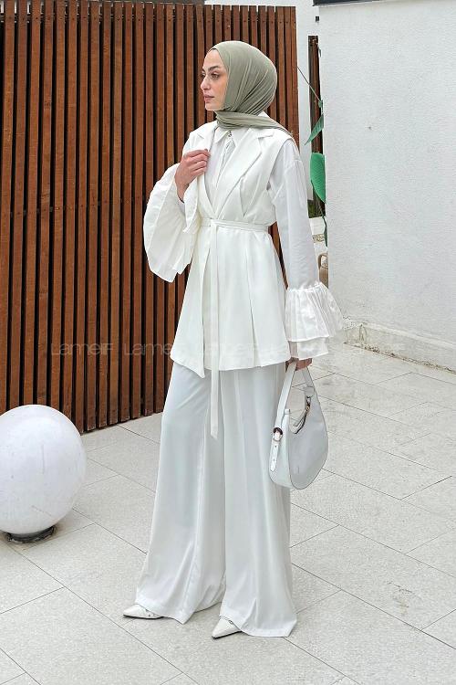 Lamelif İnce Kuşaklı Yelekli Takım Beyaz