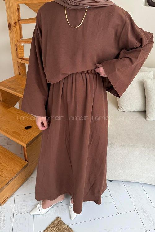 Lamelif Etekli Tesettür Takım Kahve