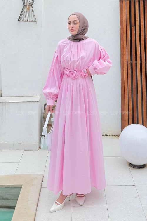 Candy Pink Crew Neck Poplin Fabric Dresess