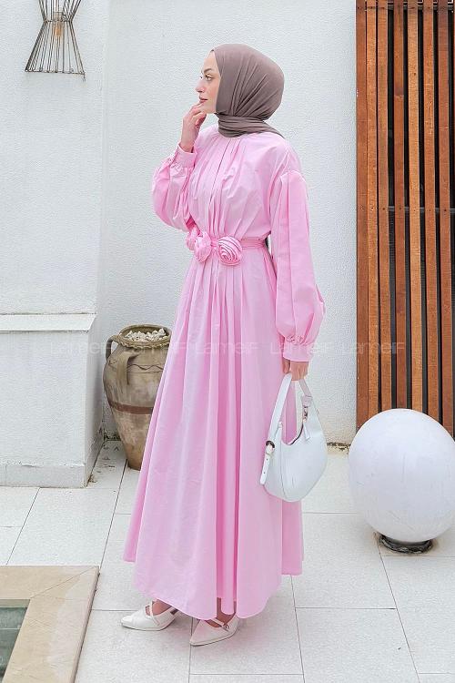 Candy Pink Crew Neck Poplin Fabric Dresess