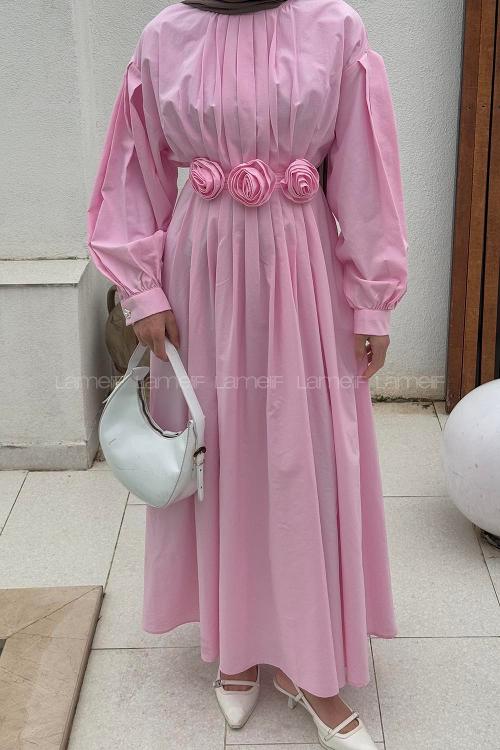 Candy Pink Crew Neck Poplin Fabric Dresess