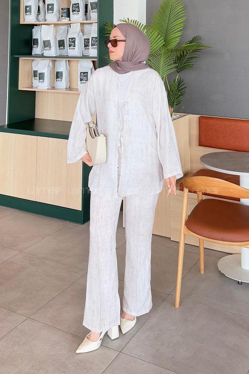 Beige V Neck Long Arm Linen Polyester Regular Trousers Linen Suit