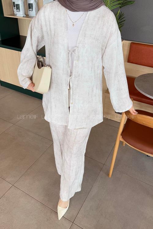 Beige V Neck Long Arm Linen Polyester Regular Trousers Linen Suit