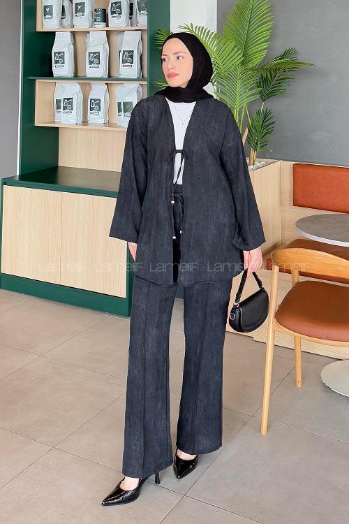 Lamelif Batikli Keten Takım Siyah